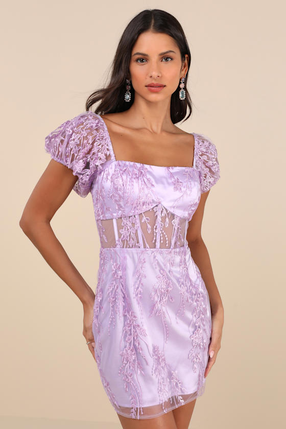Seriously Cute Lavender Embroidered Mesh Puff Sleeve Mini Dress 1