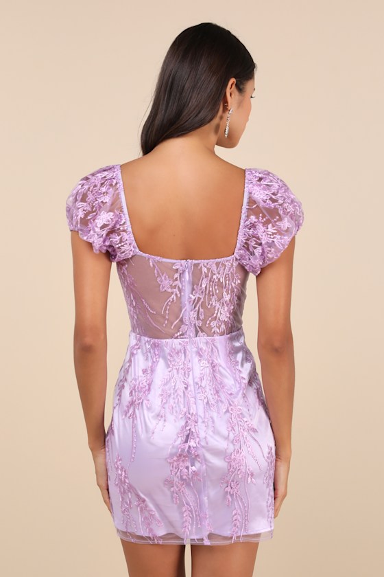 Lulus Seriously Cute Lavender Embroidered Mesh Puff Sleeve Mini Dress In Purple