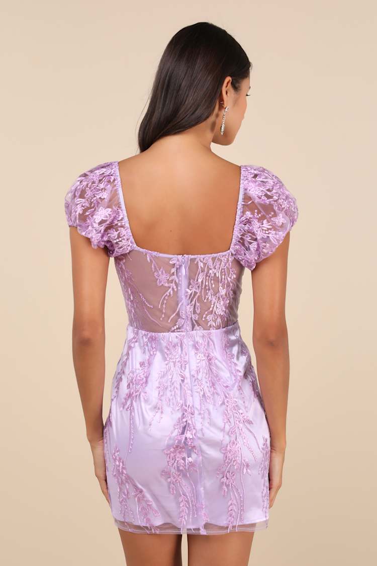 Seriously Cute Lavender Embroidered Mesh Puff Sleeve Mini Dress