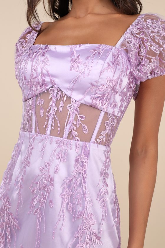 Lulus Seriously Cute Lavender Embroidered Mesh Puff Sleeve Mini Dress In Purple
