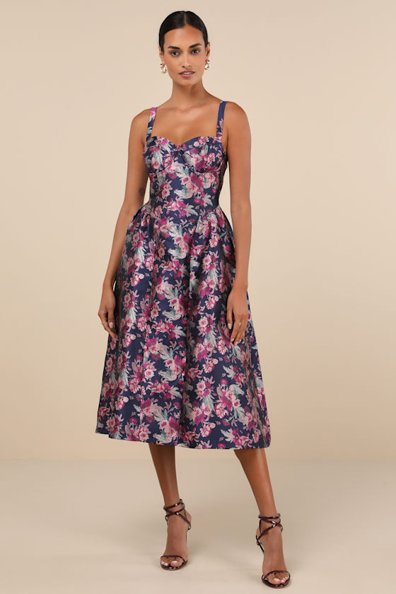 Image of Attractive Essence Navy Floral Jacquard Midi Dress With Pockets