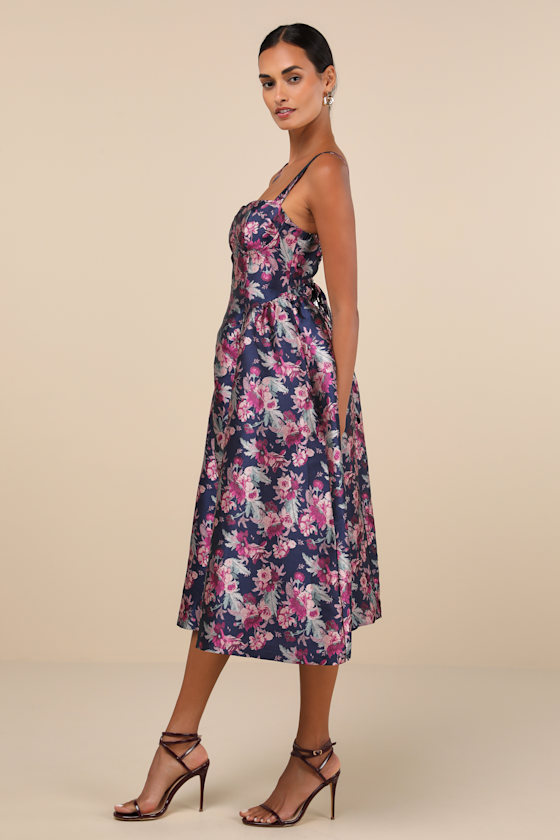Attractive Essence Navy Jacquard Floral Midi Dress With Pockets 2