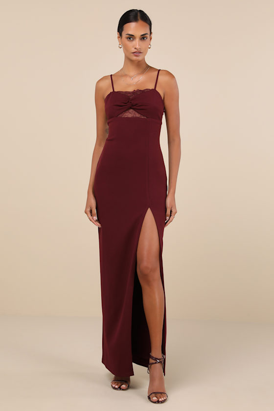 Lulus Exceptional Stunner Plum Purple Lace Twist-front Maxi Dress In Plum Purple