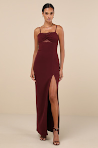 Exceptional Stunner Plum Purple Lace Twist-Front Maxi Dress 3