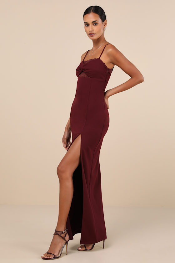 Lulus Exceptional Stunner Plum Purple Lace Twist-front Maxi Dress In Plum Purple