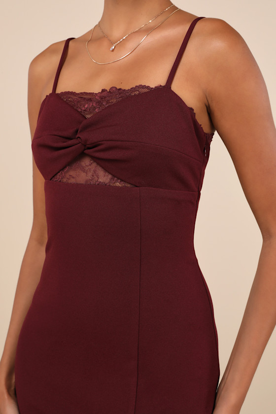 Lulus Exceptional Stunner Plum Purple Lace Twist-front Maxi Dress In Plum Purple