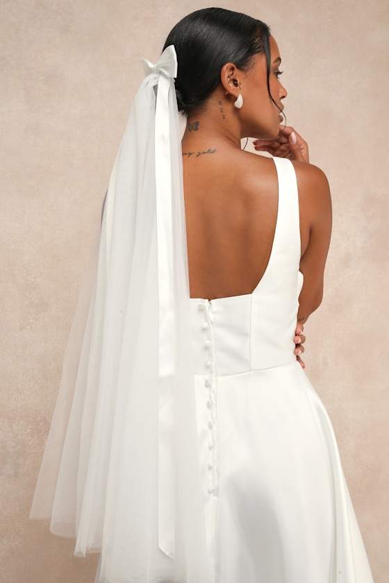 Darling Beloved White Tulle Waist-Length Bow Veil 4