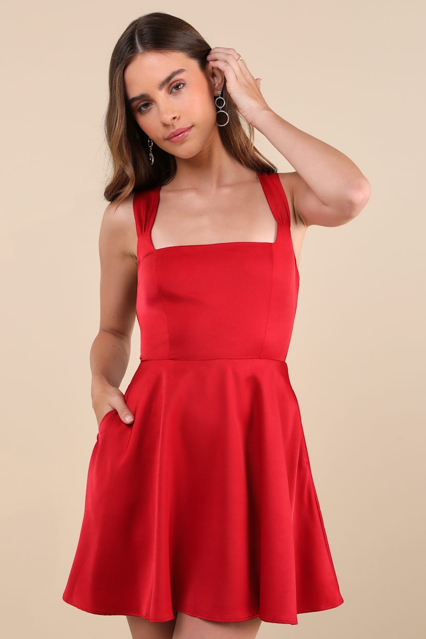Admirably Chic Red Satin Lace-Up Mini Dress With Pockets