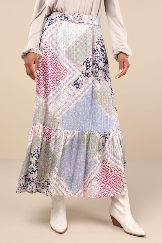 Lulus Vibrant Crush Purple Multi Scarf Print Tiered Belted Maxi Skirt In Purple
