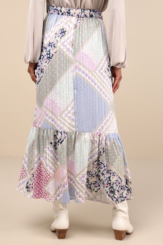 Lulus Vibrant Crush Purple Multi Scarf Print Tiered Belted Maxi Skirt In Purple
