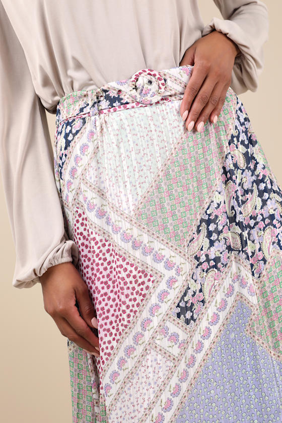Lulus Vibrant Crush Purple Multi Scarf Print Tiered Belted Maxi Skirt In Purple
