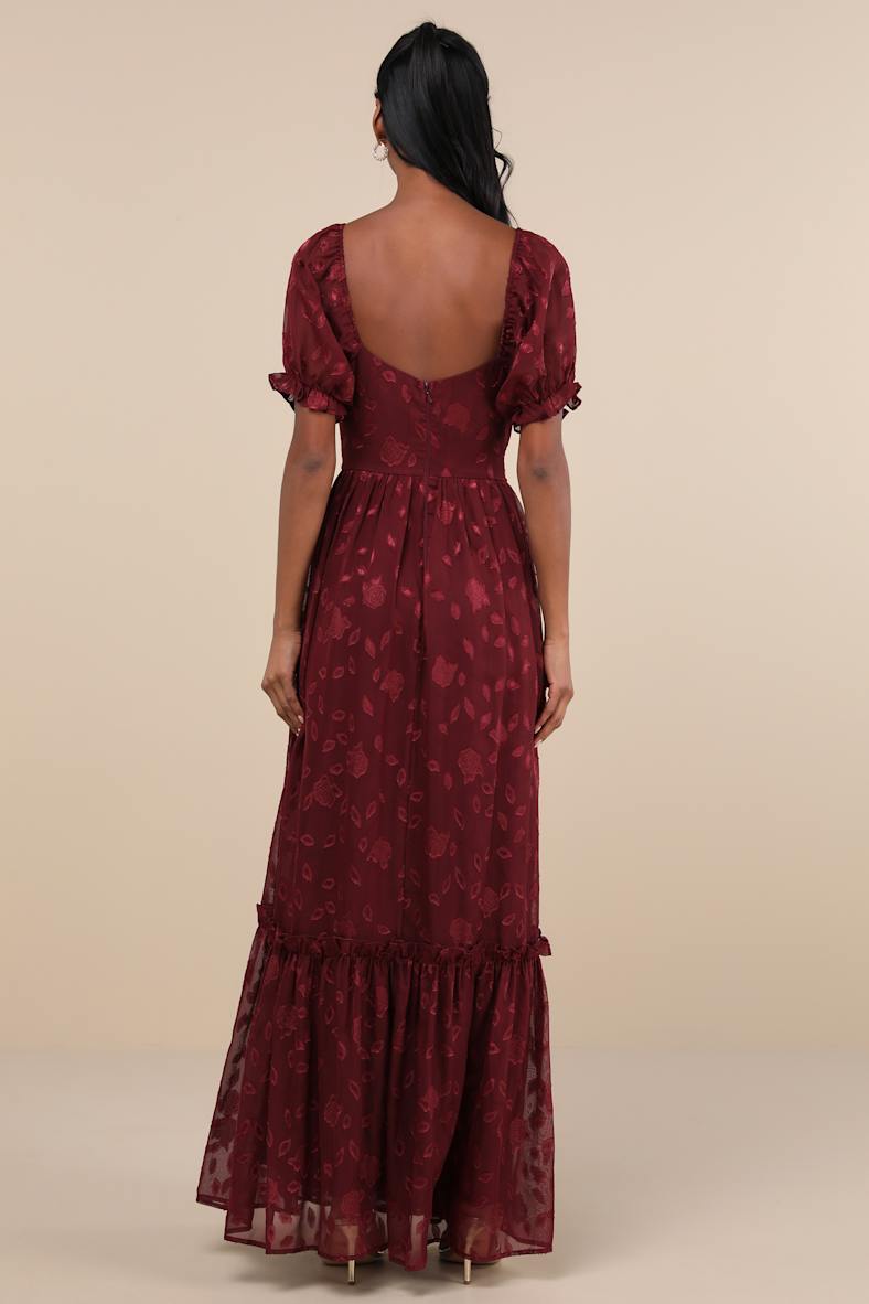 Phenomenal Sweetness Burgundy Floral Burnout Bustier Maxi Dress