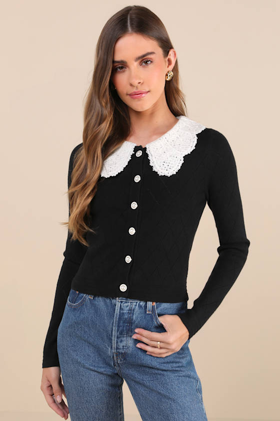 Coquette Babe Black Pointelle Pearl Peter Pan Collar Cardigan 1