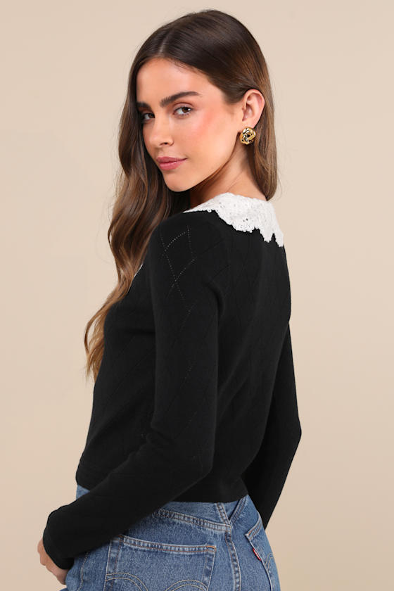 Lulus Coquette Babe Black Pointelle Pearl Peter Pan Collar Cardigan In Black