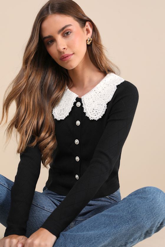Lulus Coquette Babe Black Pointelle Pearl Peter Pan Collar Cardigan In Black