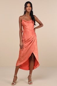 Sophisticated Sight Peach Satin Jacquard Cowl Midi Dress