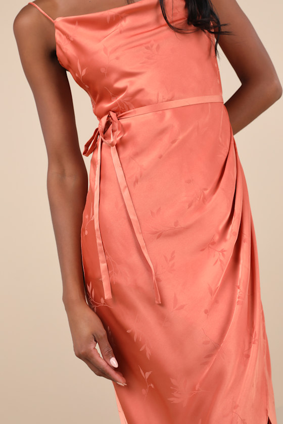 Lulus Sophisticated Sight Peach Satin Jacquard Cowl Midi Dress In Peach