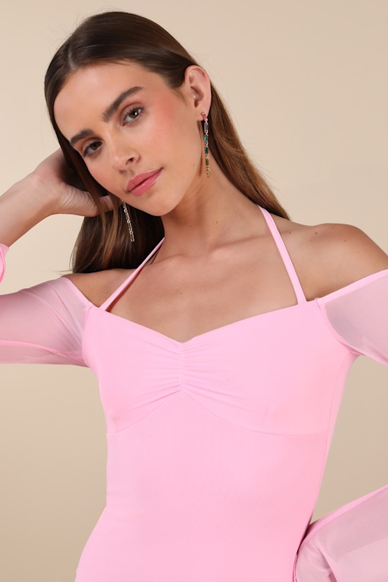 Lulus Flirty Silhouette Light Pink Mesh Long Sleeve Halter Mini Dress In Light Pink