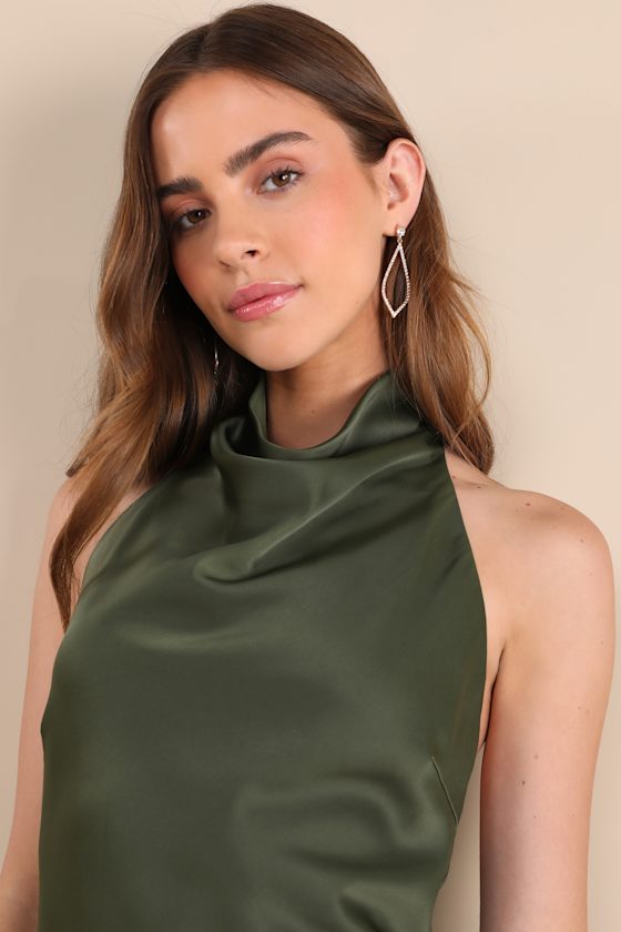 Lulus Gorgeous Endeavor Olive Green Satin Halter Mini Slip Dress In Olive Green