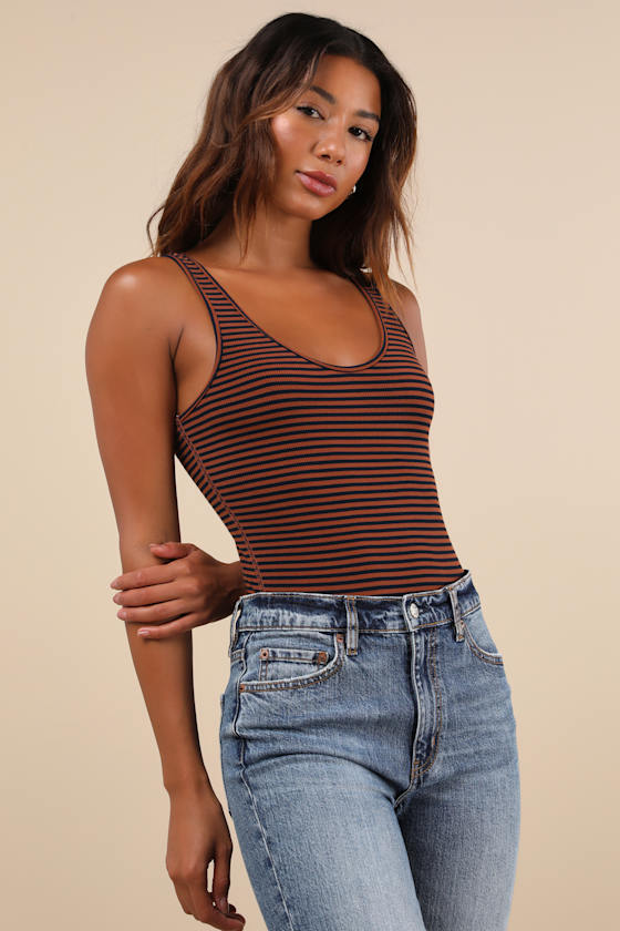 Keep It Classic Brown and Navy Striped V-Neck Bodysuit 1
