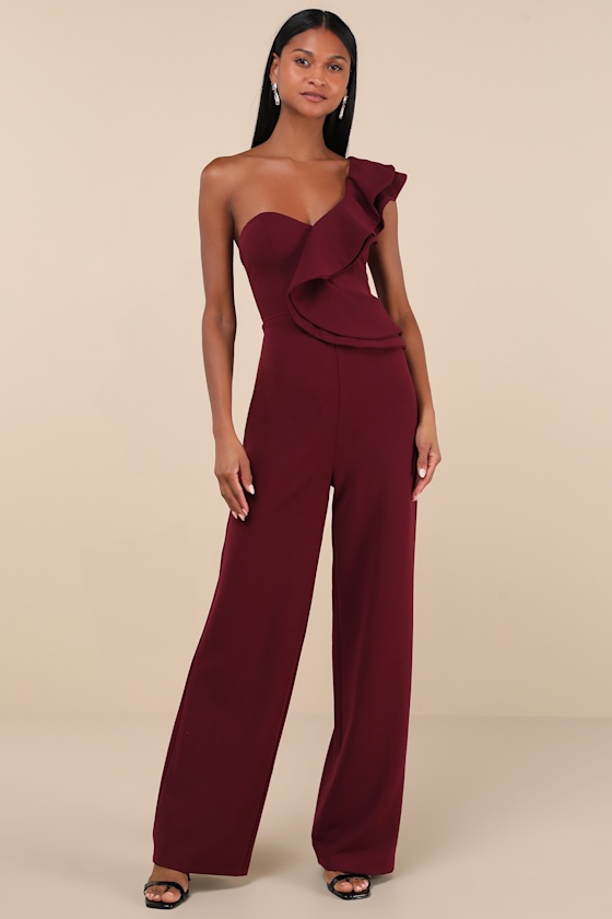 Kiss Me Again Burgundy Ruffled One-Shoulder Jumpsuit 4
