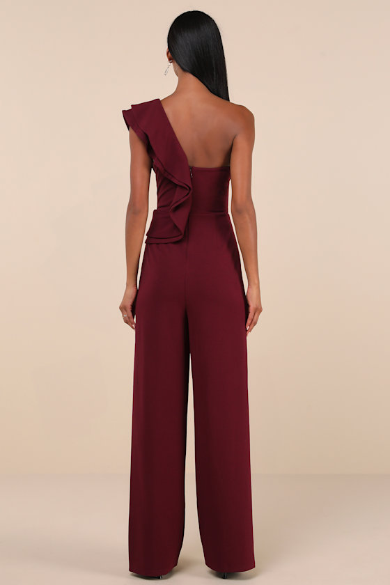 Lulus Kiss Me Again Burgundy Ruffled One-shoulder Jumpsuit In Burgundy