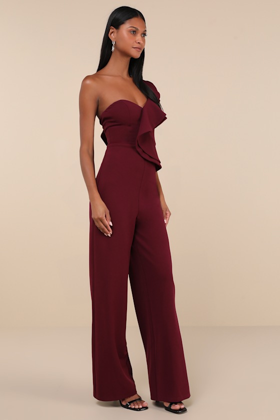 Lulus Kiss Me Again Burgundy Ruffled One-shoulder Jumpsuit In Burgundy