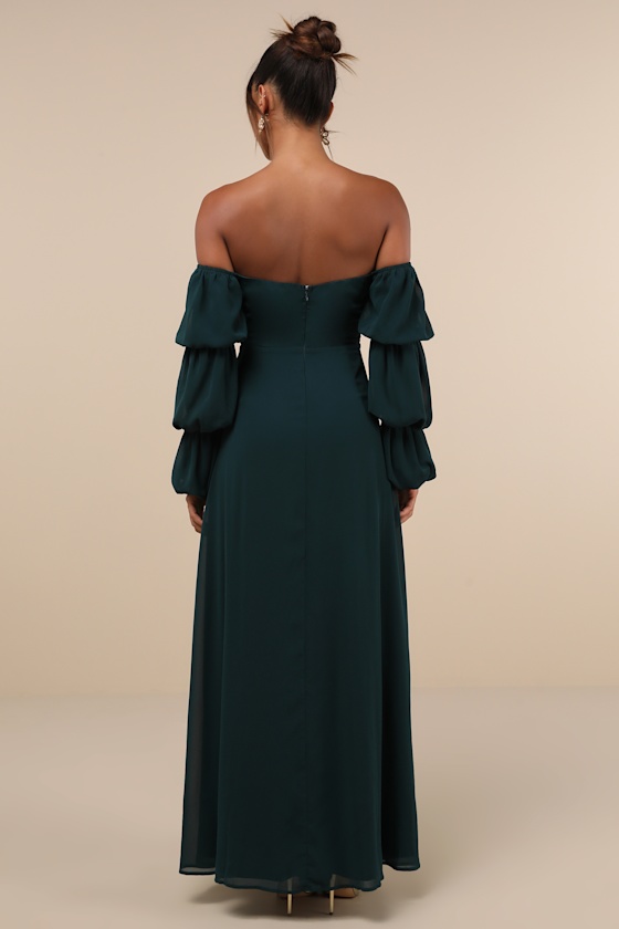 Lulus Demure Aura Emerald Tiered Balloon Sleeve Off-the-shoulder Dress In Green
