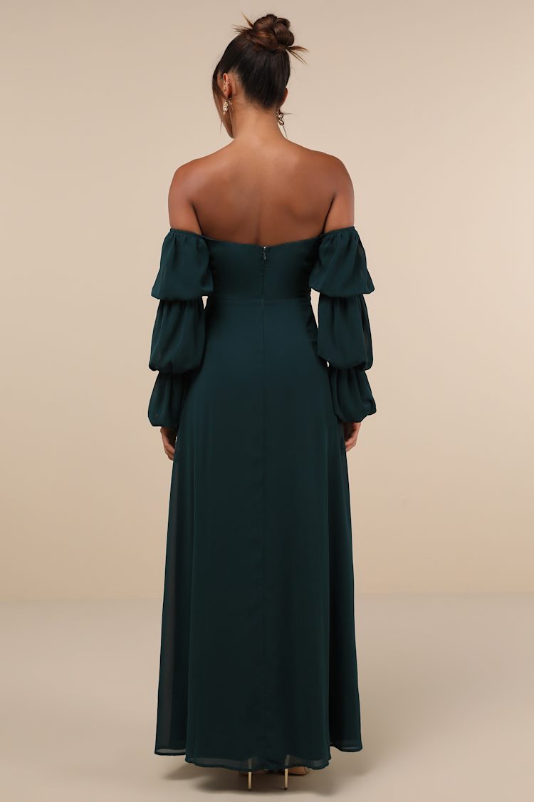 Demure Aura Emerald Tiered Balloon Sleeve Off-the-Shoulder Dress