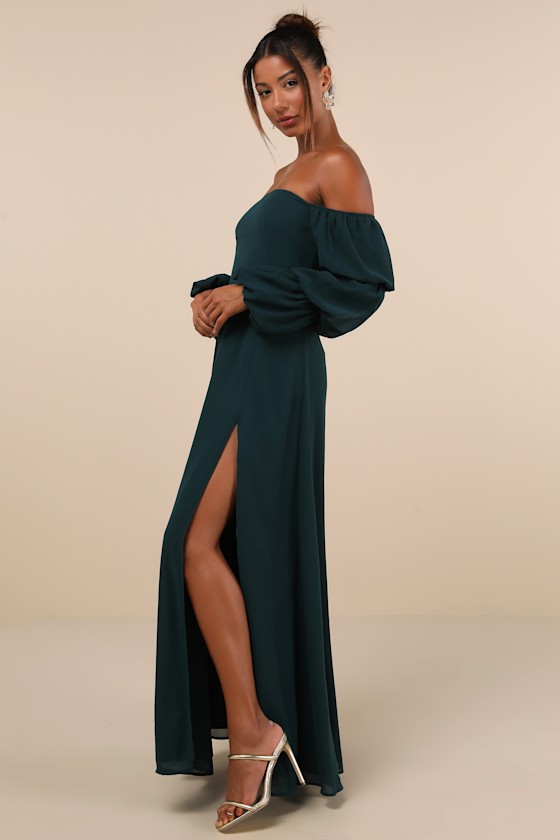 Lulus Demure Aura Emerald Tiered Balloon Sleeve Off-the-shoulder Dress In Green