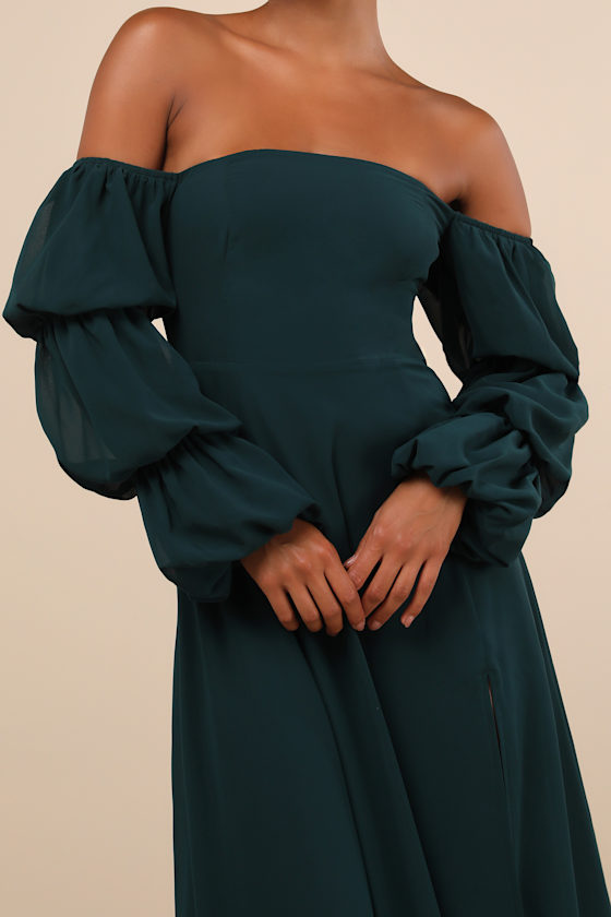 Lulus Demure Aura Emerald Tiered Balloon Sleeve Off-the-shoulder Dress In Green