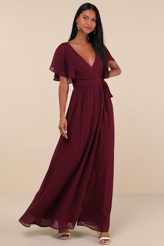 Convincing Grace Burgundy Flutter Sleeve Wrap Maxi Dress 1
