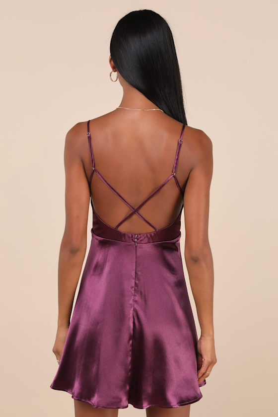 Lulus Happily Yours Plum Purple Satin Skater Mini Dress In Plum Purple