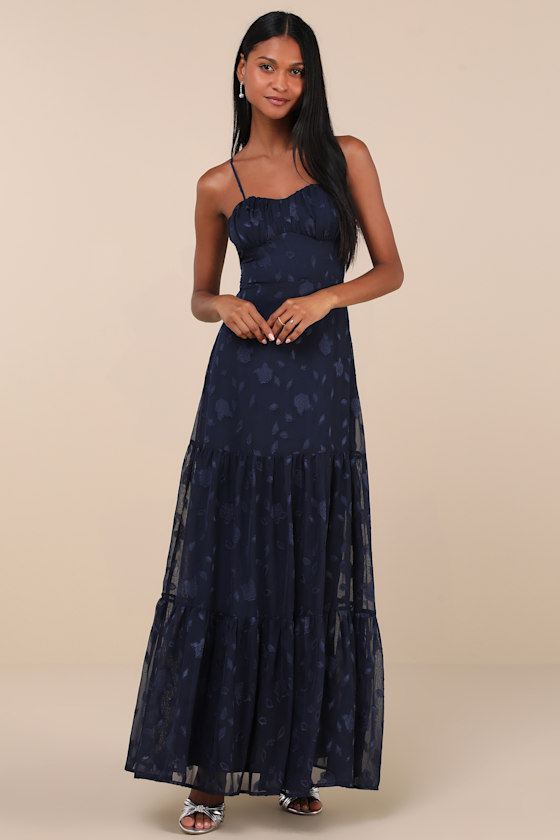 Poised Grace Navy Blue Burnout Floral Bustier Tiered Maxi Dress 1