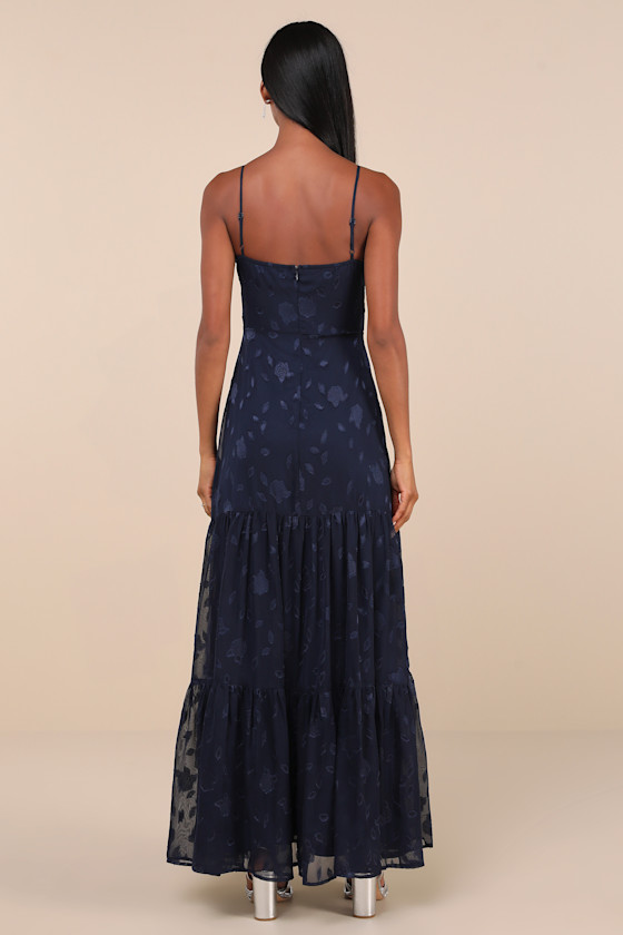 Thumbnail of Lulus Poised Grace Navy Blue Burnout Floral Bustier Tiered Maxi Dress