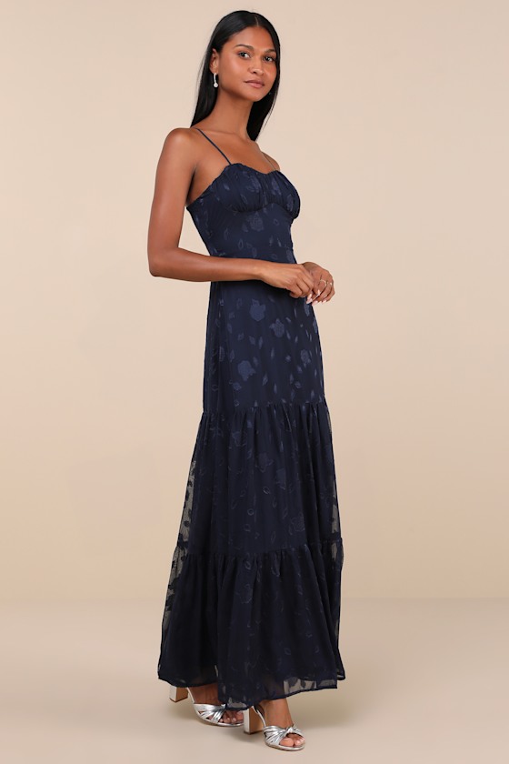 Thumbnail of Lulus Poised Grace Navy Blue Burnout Floral Bustier Tiered Maxi Dress