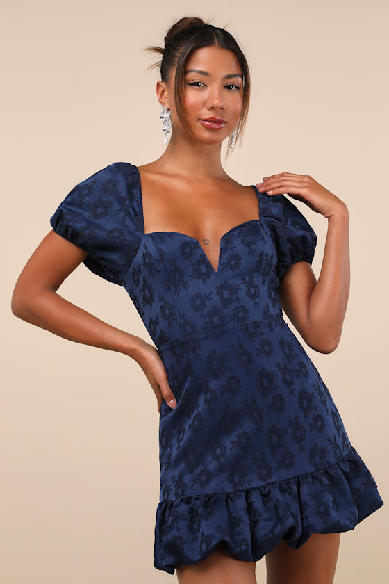 Exceedingly Delightful Navy Blue Jacquard Puff Sleeve Mini Dress 3