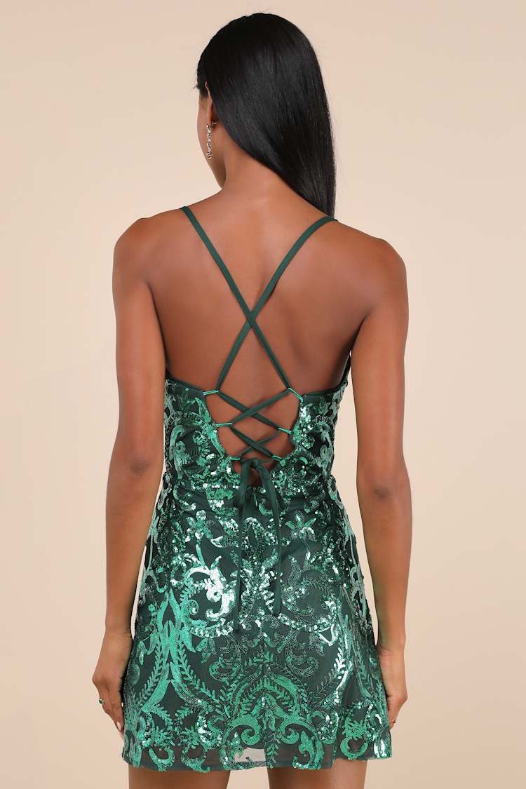 Divine Energy Emerald Sequin Lace-Up A-line Mini Dress