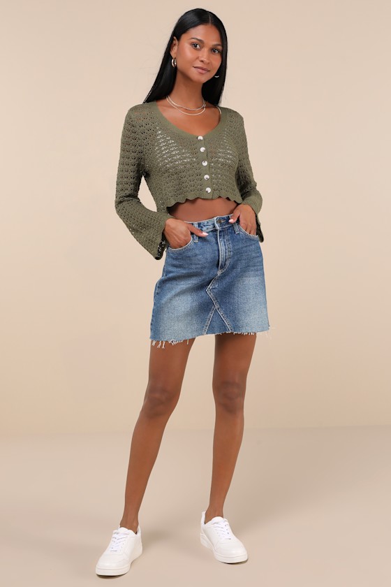 Stellar Sweetie Olive Green Pointelle Knit Cropped Cardigan 4