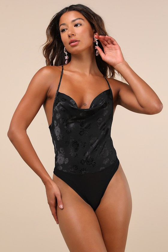 Lulus Endlessly Impressing Black Jacquard Backless Cowl Bodysuit In Black
