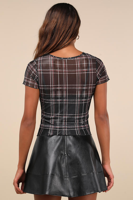 LULUS CONVINCING AESTHETIC BLACK AND PINK PLAID SHEER MESH TOP