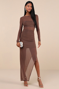 Alluring Silhouette Dark Brown Sheer Mesh Backless Maxi Dress 1