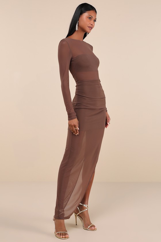 Lulus Alluring Silhouette Dark Brown Sheer Mesh Backless Maxi Dress In Brown