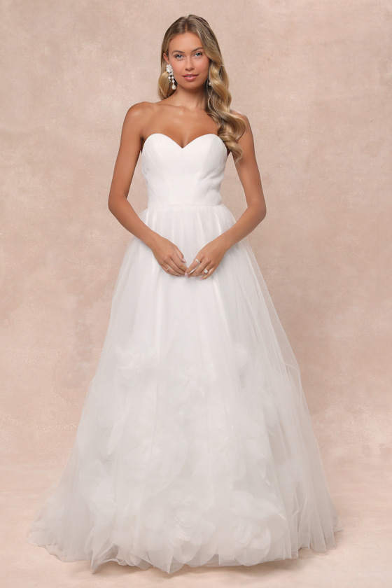 White Tulle Pleated Dress - Strapless Dress - Flower Maxi Dress - Lulus