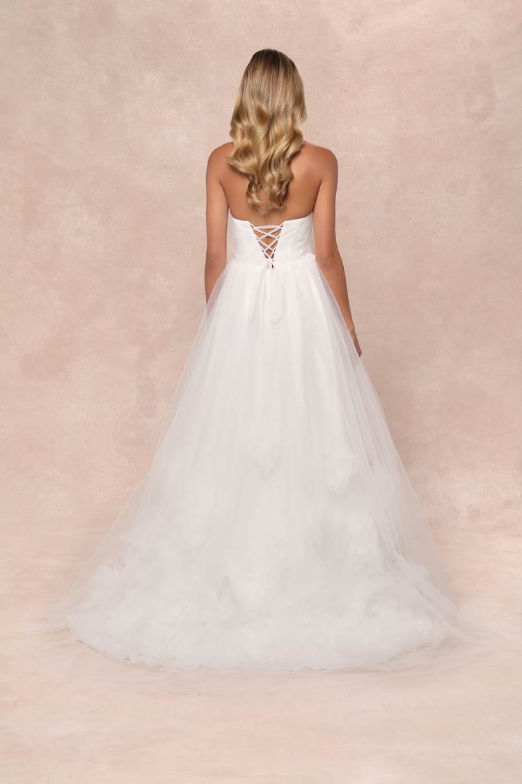 Beloved Vow White Tulle Pleated Strapless Flower Maxi Dress