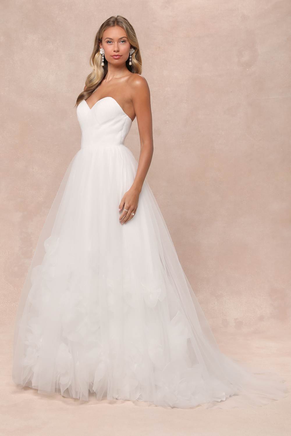 Beloved Vow White Tulle Pleated Strapless Flower Maxi Dress