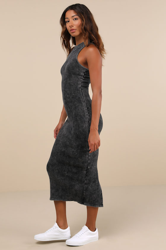Lulus Essentially Sweet Washed Charcoal Ribbed Sleeveless Midi Dress In Grey