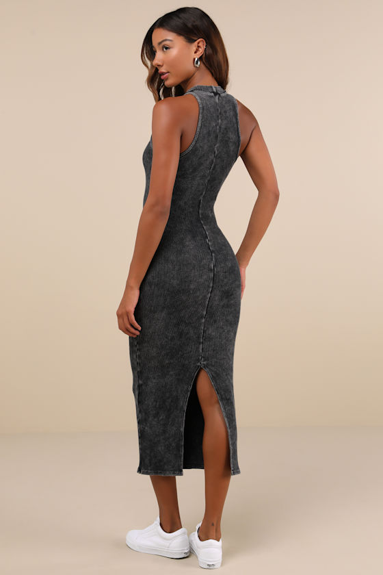 Lulus Essentially Sweet Washed Charcoal Ribbed Sleeveless Midi Dress In Grey