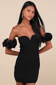 Upscale Muse Black Mesh Ruched Off-the-Shoulder Mini Dress