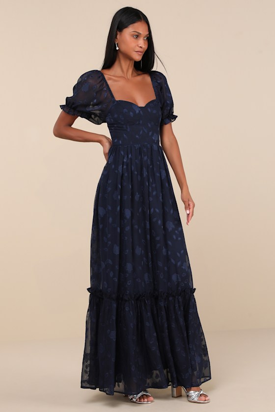 Lulus Phenomenal Sweetness Navy Floral Burnout Bustier Maxi Dress In Navy